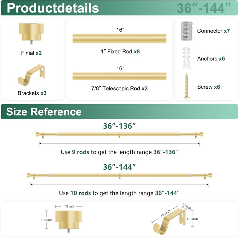 hei! dear Gold Curtain Rods 72 to 144 Inch(6-12FT),1 Inch Long Curtain Rod,Adjustable Heavy Duty Curtain Rods,Modern Decorative Drapery Rods,Telescoping Window Single Curtains Rods 36-150",Brass Gold - Image 5